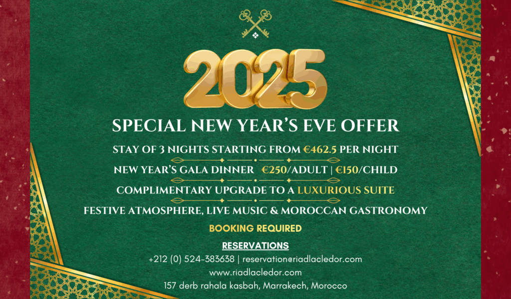Dîner de gala du Nouvel An au Riad La Clé d’Or Marrakech avec musique live et ambiance festive